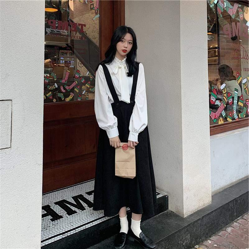 套装女春秋韩版灯笼袖衬衫+学院风减龄显瘦背带裙学生两件套/单件