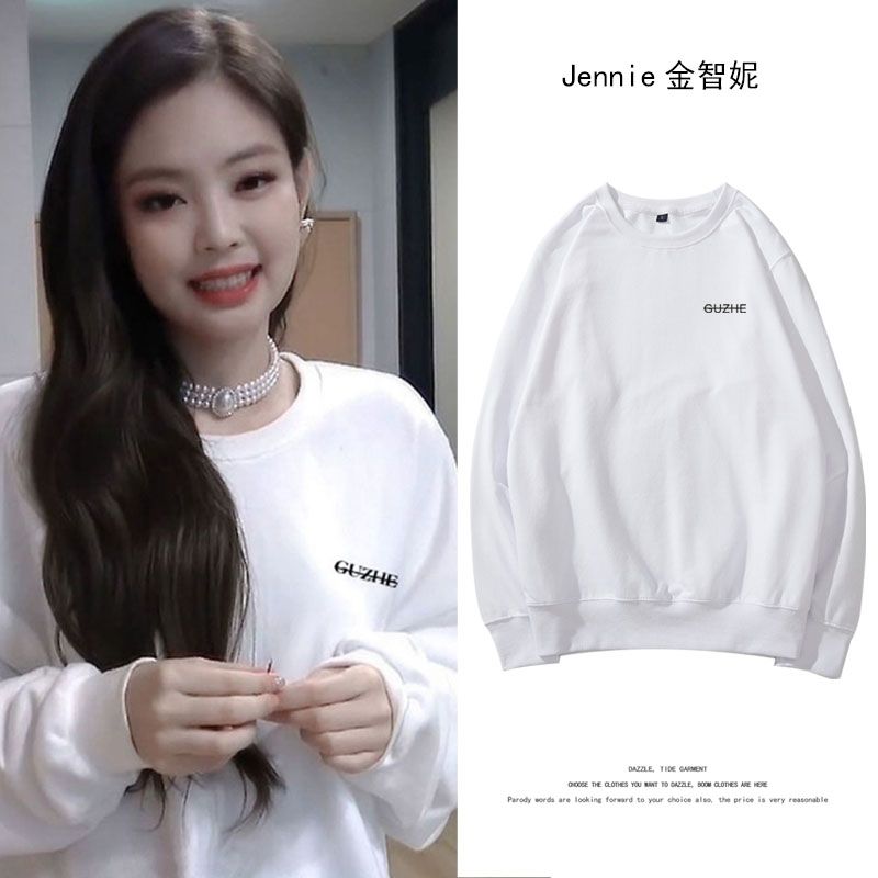 blackpink金智妮jennie同款字母圆领白色长袖卫衣女宽松薄上衣服