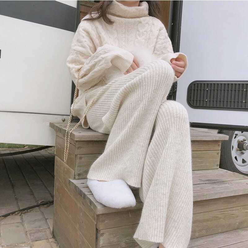 Trousers women's autumn and winter gentle wind fall straight-leg pants high waist tall thin thickened striped loose knitted wide-leg pants trendy