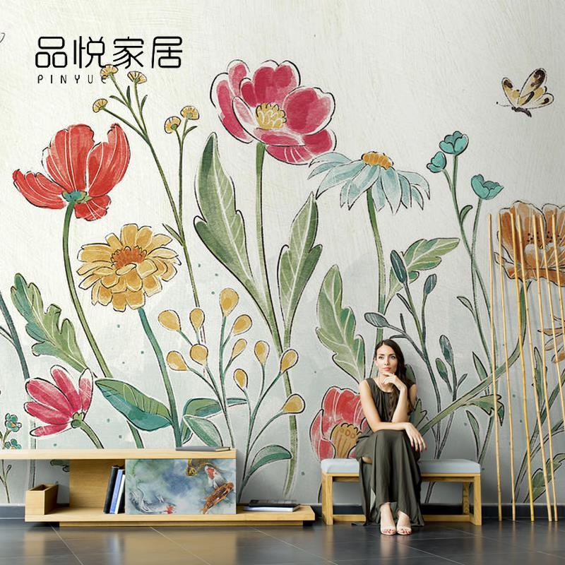 北欧手绘清新田园风植物花卉壁纸创意油画墙纸客厅电视背景墙壁画