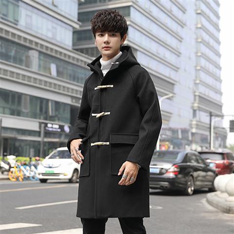 Wool coat men's Korean style trend autumn and winter retro horn buckle mid-length youth loose woolen windbreaker coat