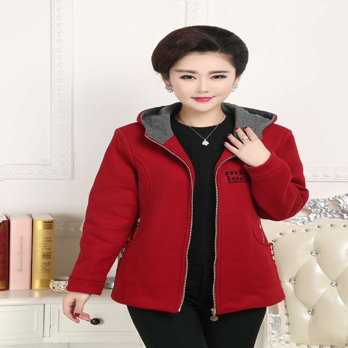 2016新款中老年女装中长款带帽风衣外套妈妈装春秋装宽松纯色上衣