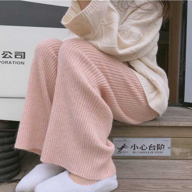 Trousers women's autumn and winter gentle wind fall straight-leg pants high waist tall thin thickened striped loose knitted wide-leg pants trendy