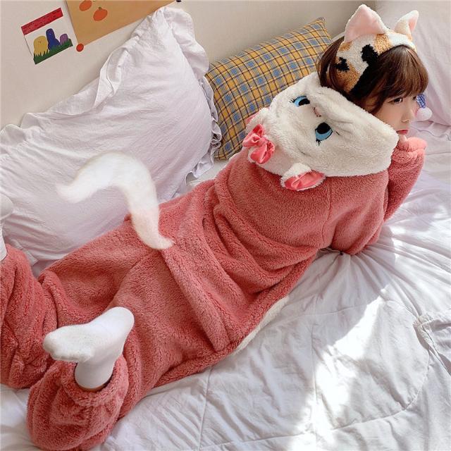 Lovely cat coral flannel Jumpsuit with thickened and plush pajamas