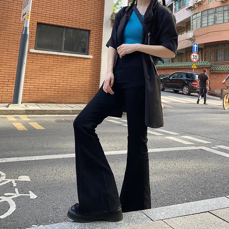 Women's spring and autumn high-waist elastic slim-fit black bootcut jeans with super-length legs