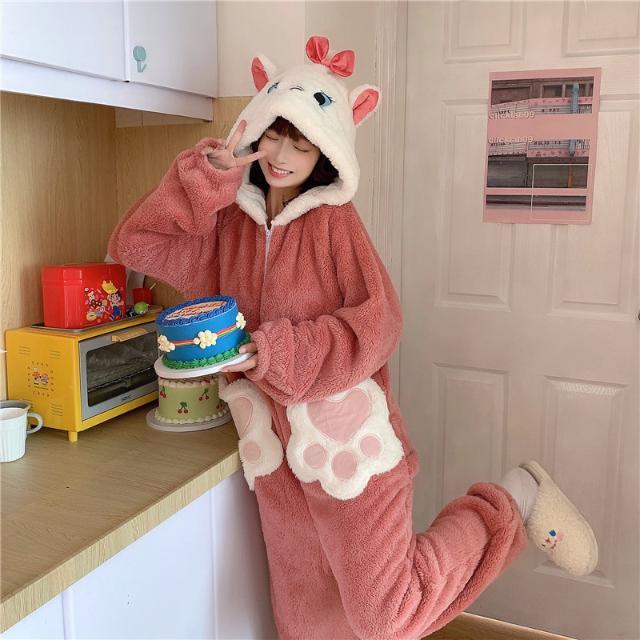 Lovely cat coral flannel Jumpsuit with thickened and plush pajamas