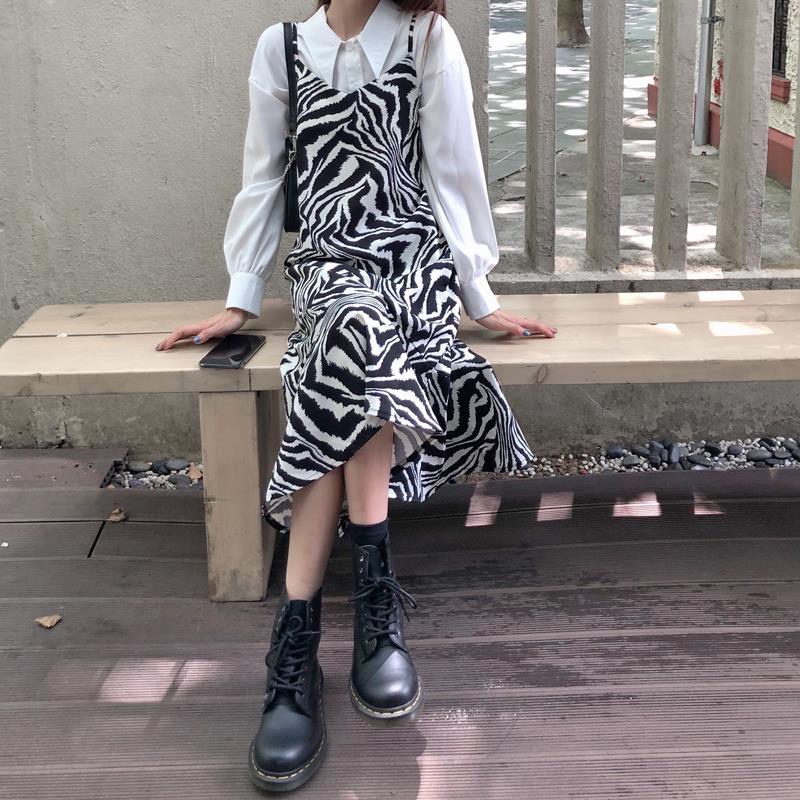 兩件套裝/單件春秋復古不規則開叉魚尾斑馬紋吊帶連衣裙女配襯衫