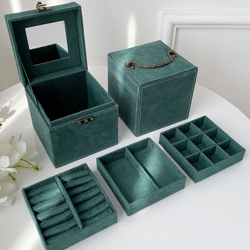Multi layer jewelry box storage box Ear Stud Earring Box Retro jewelry box portable necklace fashion green division