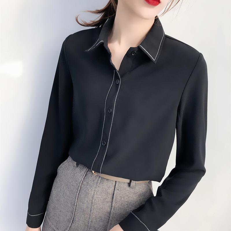 長袖雪紡襯衫女2020秋裝新款白色襯衣黑色洋氣工作服氣質早秋上衣