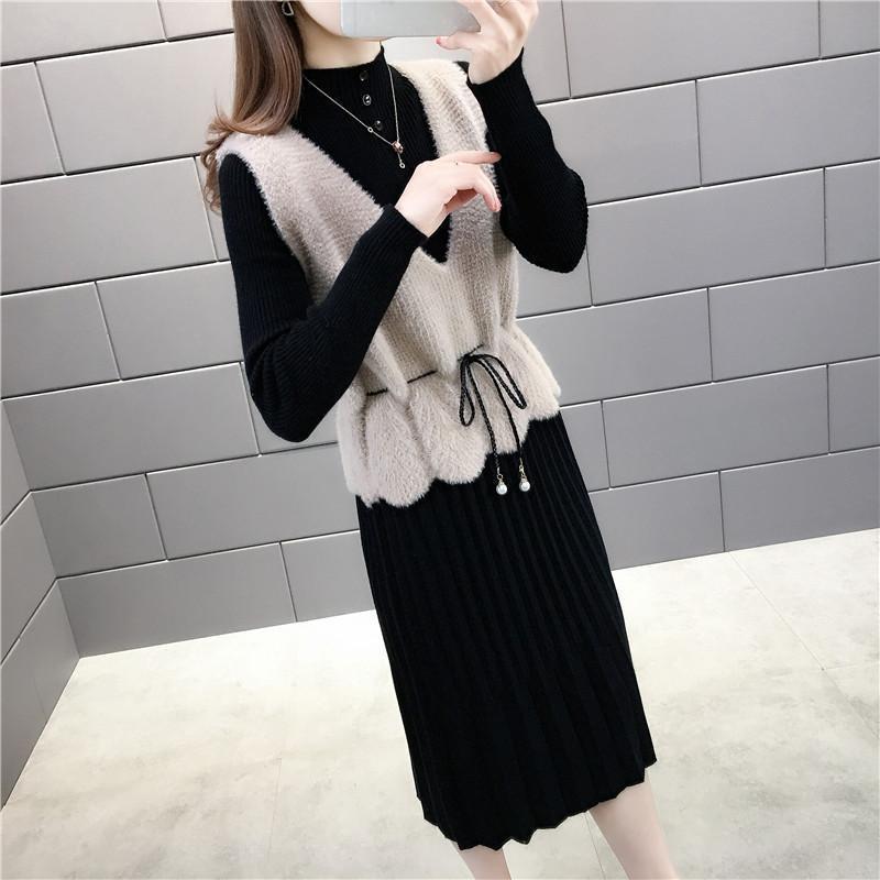 Long sleeve dress new fall 2020 Korean waist knit waistcoat two piece dress for women