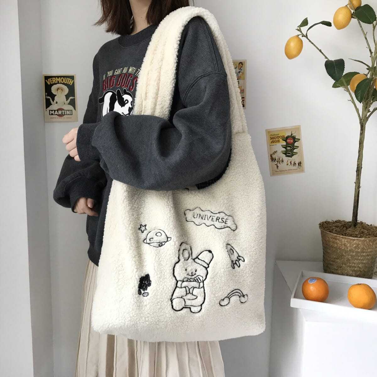 唐糖包袋/原創仿羊羔毛刺繡單肩包卡通大容量學生包可愛毛絨包