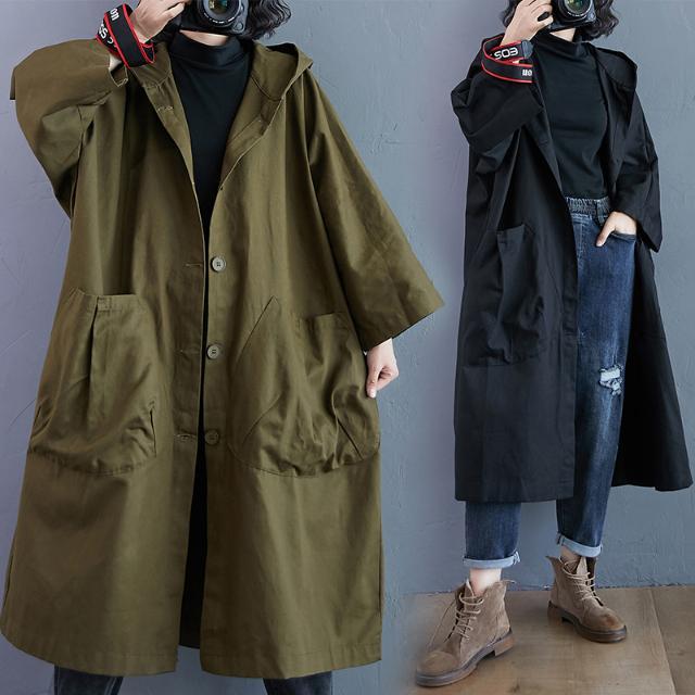 Large size spring and autumn women's clothing new Korean version loose all-match hooded windbreaker women's mid-length coat large pocket casual