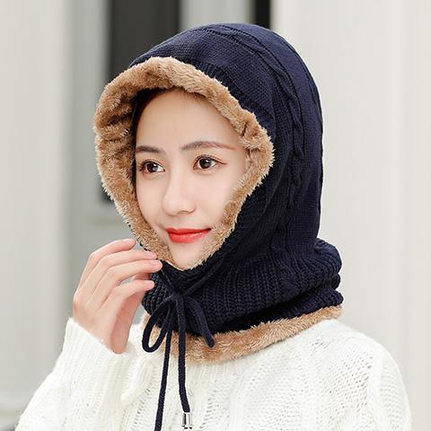 Hat women's autumn and winter plus velvet thickened warm pullover knitted wool cap ear protection neck integrated cycling windproof cap