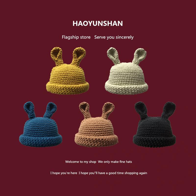 Japanese handmade crochet cute cute sweet rabbit ears woolen hat female autumn and winter retro warm knitted hat