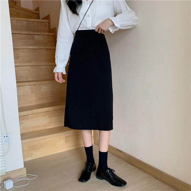 2021 summer new large size fat mm mid-length black skirt high waist slit A-line skirt one step bag hip skirt