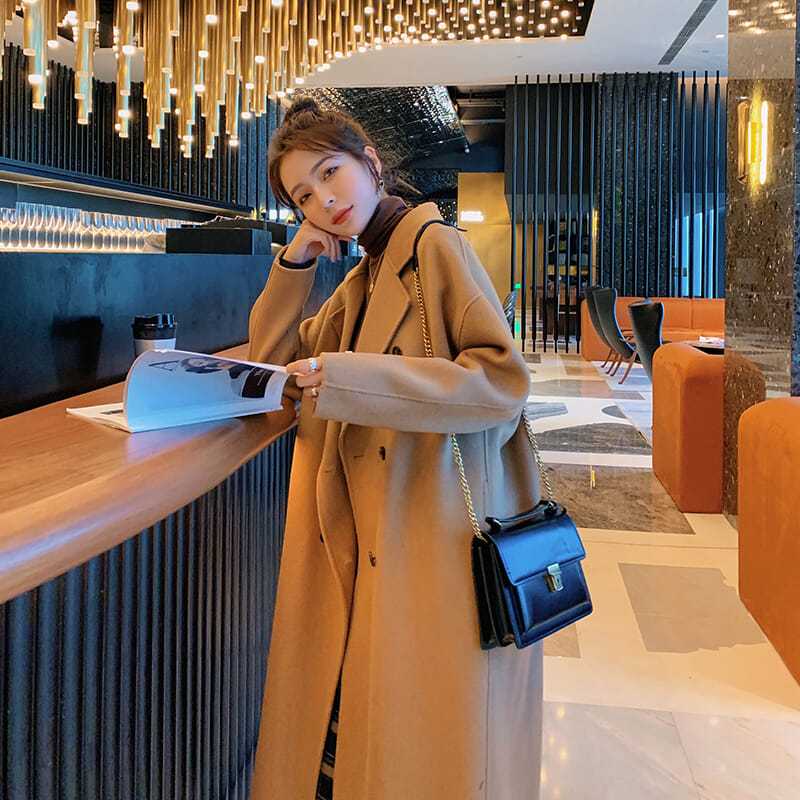 Black woollen coat women's middle and long style 2020 winter new style, loose and over the knee thickened woolen suit coat [to be issued on November 20]