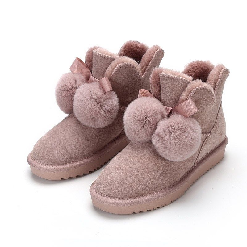 网红可爱毛球雪地靴女短筒蝴蝶结2020新款面包鞋冬季加绒棉鞋低帮
