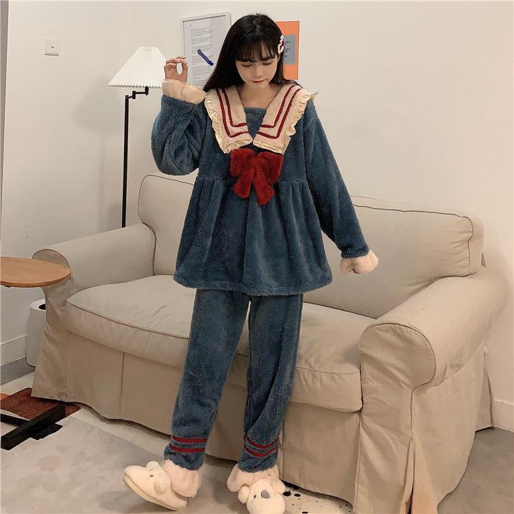 Autumn and winter 2020 new sweet bow Plush Pajamas Set lovely nightdress home 2-piece female