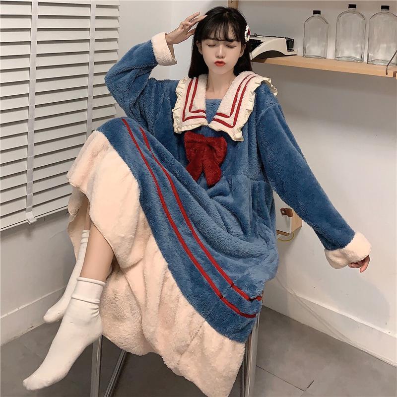 Autumn and winter 2020 new sweet bow Plush Pajamas Set lovely nightdress home 2-piece female