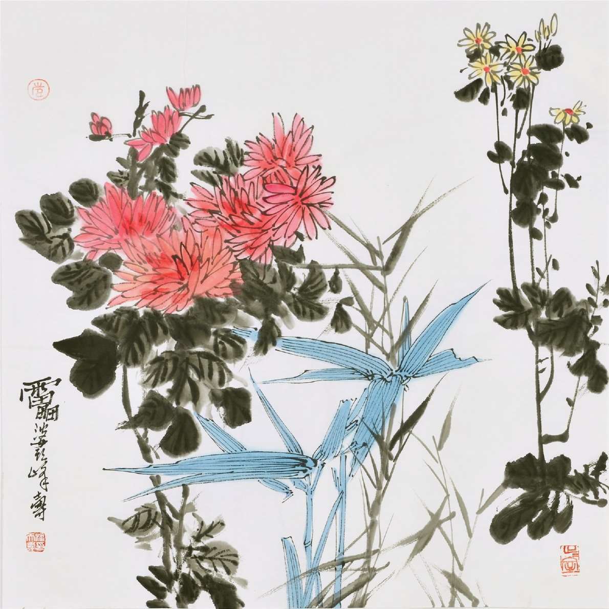 纯手绘四尺斗方临摹美协潘天寿大写意花鸟菊花名人字画中国书画框