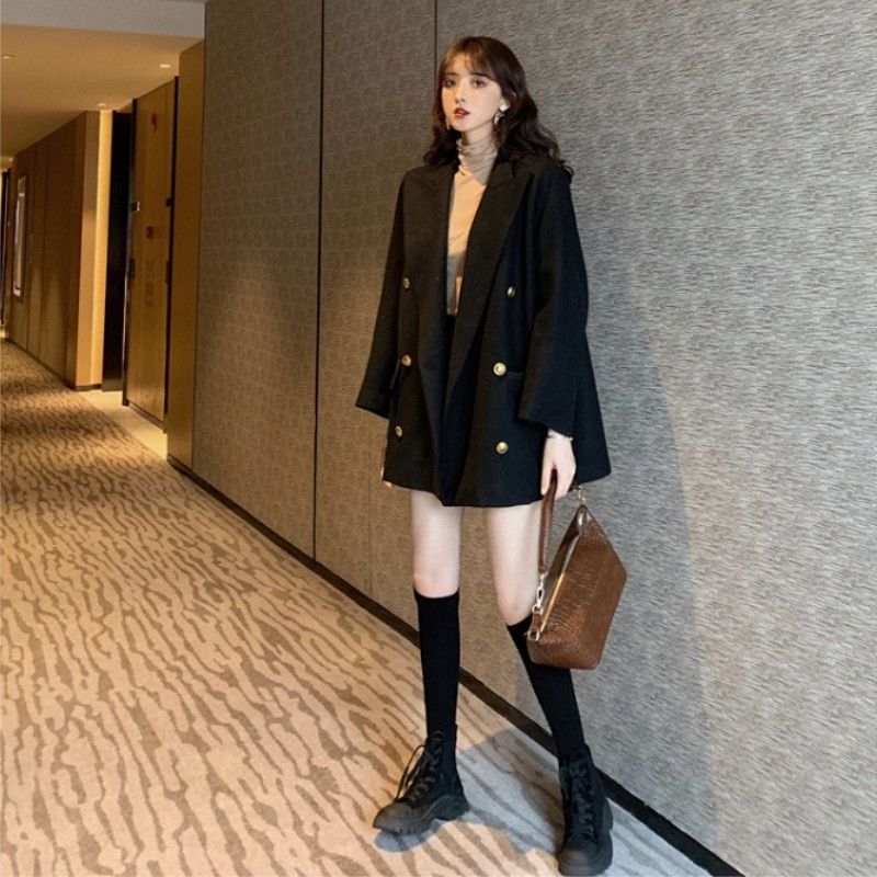2020 new autumn / Winter Hong Kong style fashion black suit woolen coat medium length denim coat woman