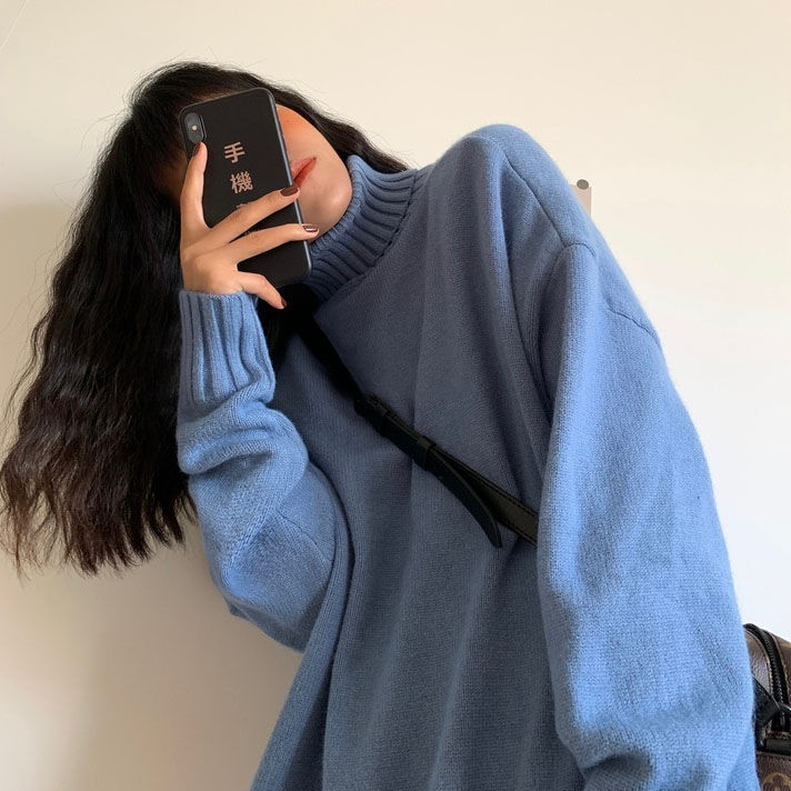秋冬新款保暖慵懶風純色高領毛衣女學生韓版寬鬆百搭針織衫外套潮