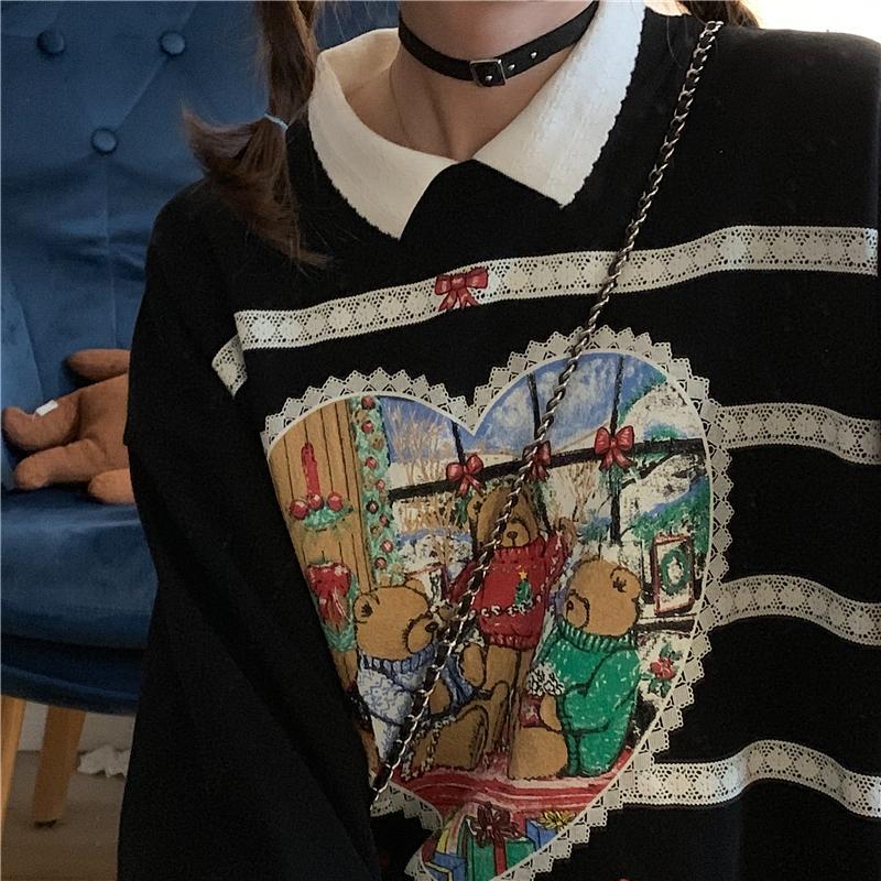 Retro polo collar bear printed sweater Japanese loose women's old style Pullover Plush top student coat fashion