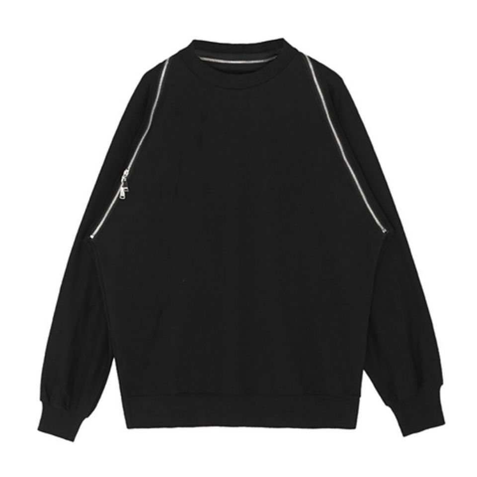 春秋新款卫衣女学生宽松黑色拉链露肩长袖中长款上衣潮ins体恤衫