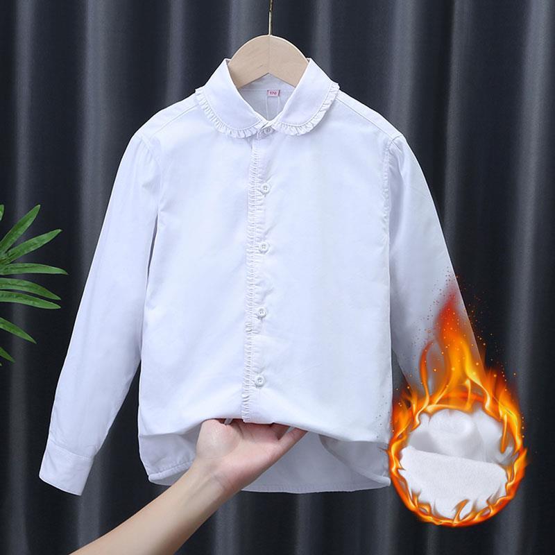 Girls white shirt plus velvet thickened cotton long-sleeved primary school students white school uniform shirt middle and big children's warm top winter