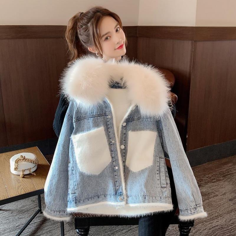 Winter imitation fox large wool collar Denim Jacket Women plush cotton padded jacket