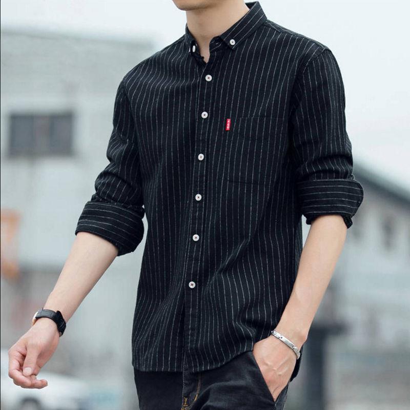 Autumn and winter new brushed striped shirt men's long-sleeved casual shirt male youth Korean version all-match square collar bottoming shirt