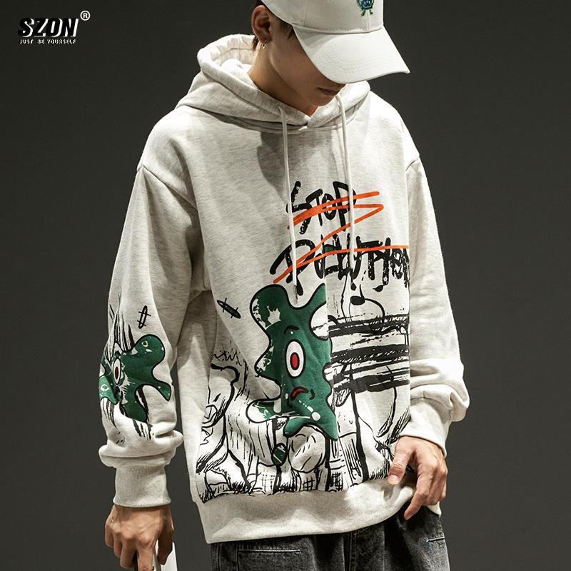 Sweater men's Plush thickened fashion brand Japanese Hooded Jacket students' autumn and winter Korean hip hop graffiti loose jacket men's
