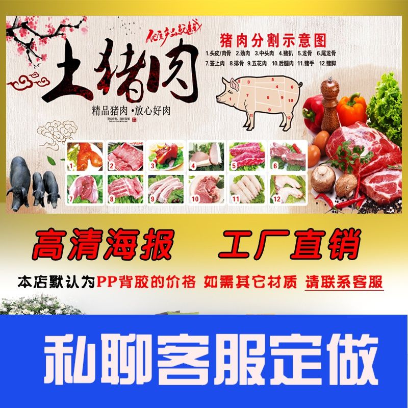 猪肉分割图生鲜超市铺海报贴纸广告定制宣传画墙贴pp背胶写真印刷