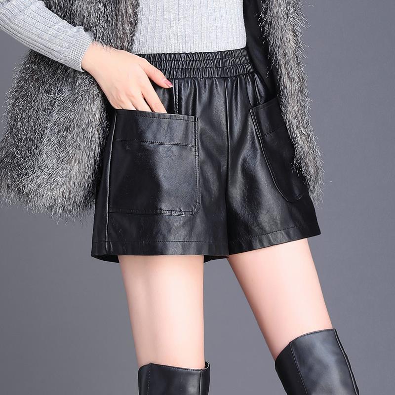 Autumn leather shorts women's  new A-line casual plus size fat sister loose and thin outerwear wide-leg boots leather pants