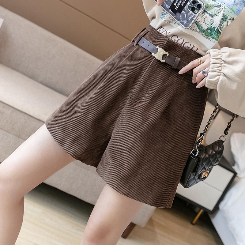 Shorts fall and winter bottoming outerwear corduroy high waist wide leg pants loose all-match thin boots pants with belt