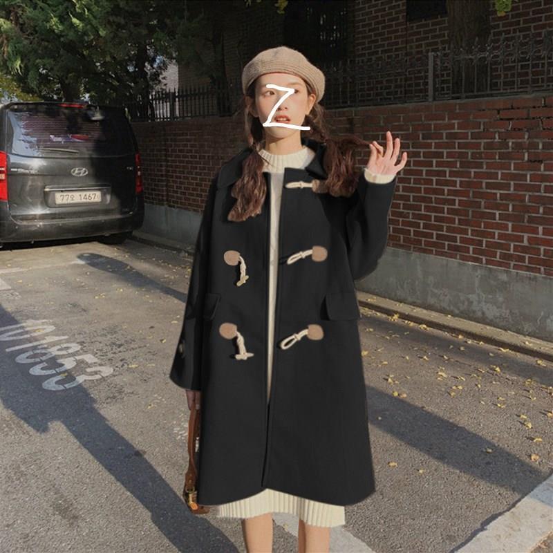 Horn button woolen coat women's mid-length Hepburn style  spring, autumn and winter new small woolen coat thick