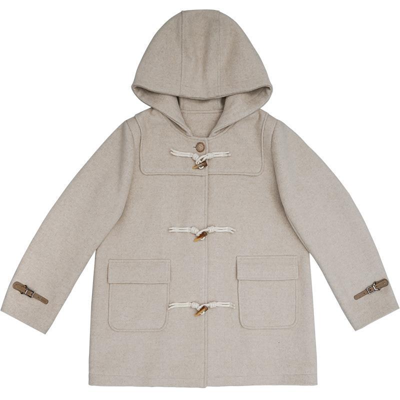 Japanese woolen coat female  spring, autumn and winter new horn buckle small hooded woolen coat student thick