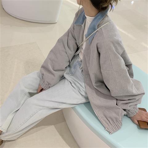 Corduroy jacket female spring and autumn Korean version loose all-match winter new retro student contrast color thickened casual top