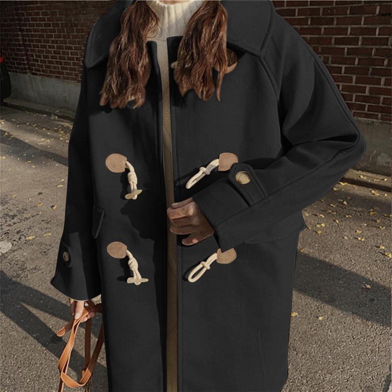 Horn button woolen coat women's mid-length Hepburn style  spring, autumn and winter new small woolen coat thick