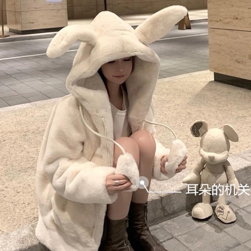 Moving rabbit ears imitation rabbit fur coat women's lamb hair medium length Plush thick coat winter coat
