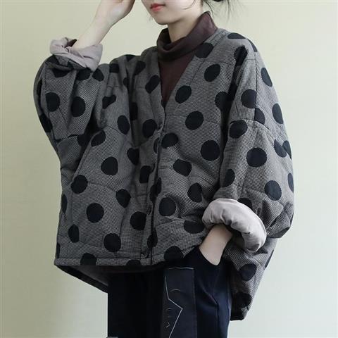 2020 autumn and winter new loose large size V-neck clip cotton thickened warm cotton clothing women's polka dot cardigan cotton short coat