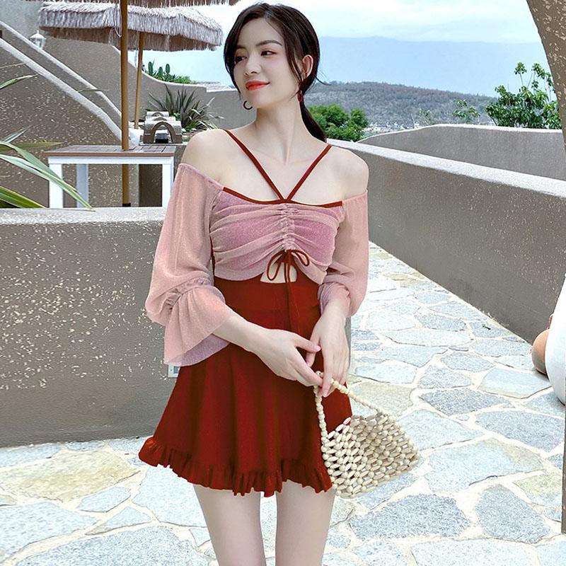 2023 Fairy Fan hot spring swimsuit women's one-piece boxer long-sleeved lace sexy ins style conservative belly cover student swimming