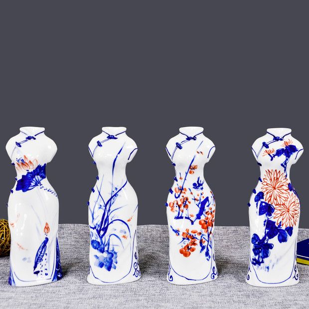 景德镇陶瓷器创意青花瓷旗袍美女花瓶插花客厅装饰工艺品摆件