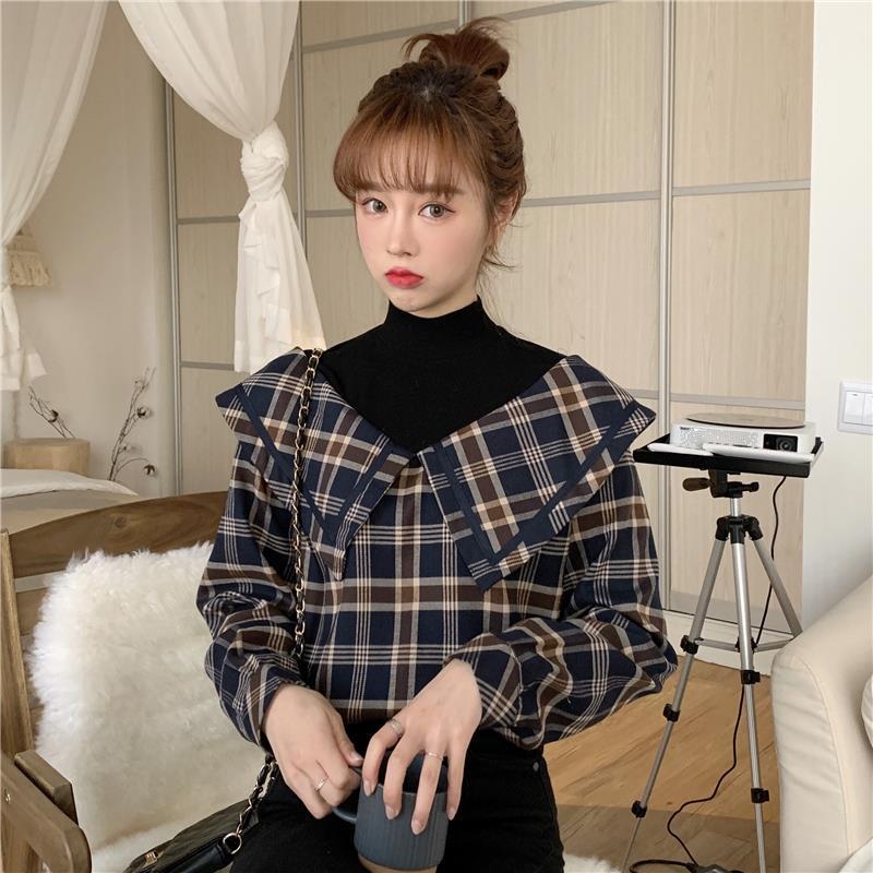 Fake two shirt women's design feeling minority autumn retro Plaid Navy collar long sleeve small fresh top fashion