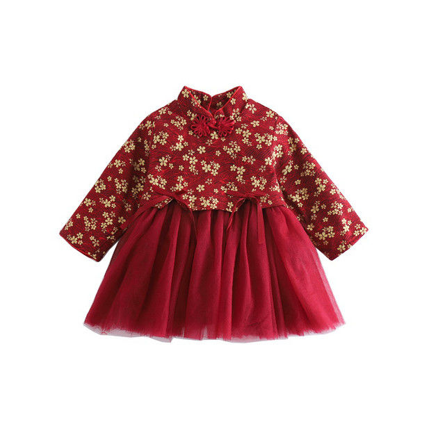 女童秋冬中国风连衣裙超洋气加绒公主一周岁生日红色旗袍拜年