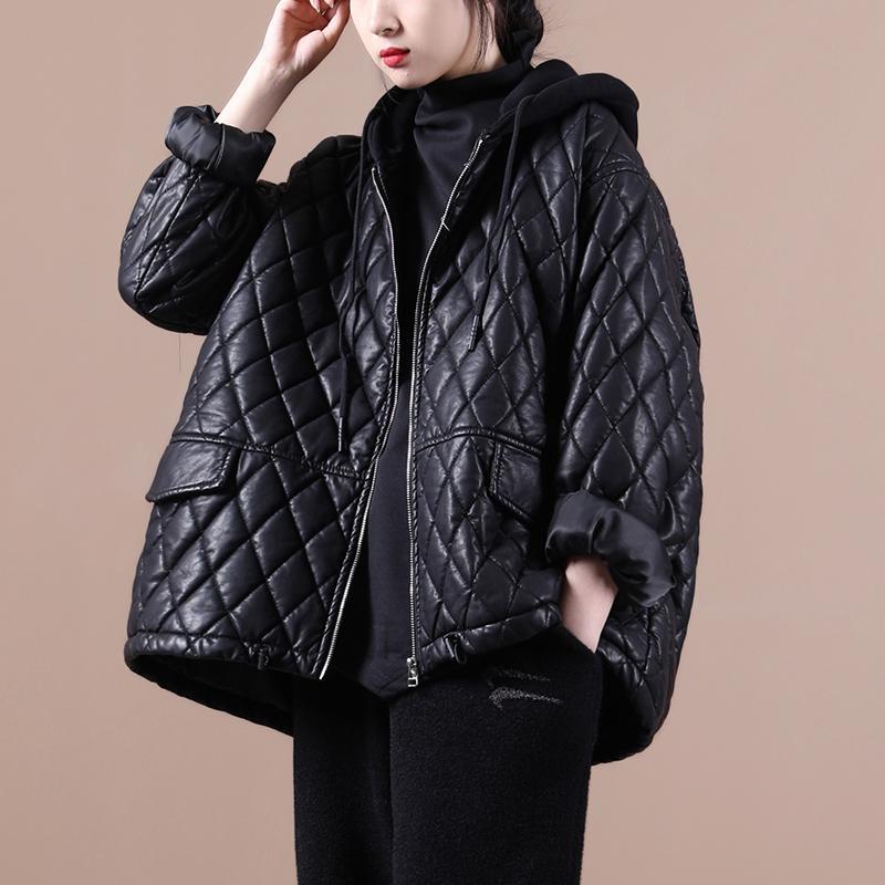 Korean version of loose large size women's spring literary quilted leather jacket women's spring and autumn all-match latest hooded jacket