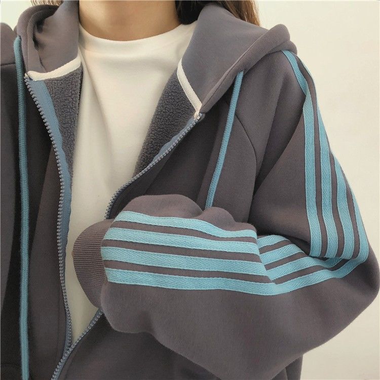 Retro fried Street striped sweater women's fashionable plush thickened autumn and winter Korean loose zipper lover's coat