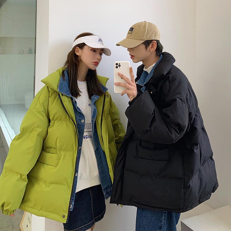 Winter fake two pieces of denim splicing cotton padded clothes for men and women Korean version loose and thickened couple's bread and cotton clothes coat fashion