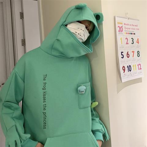 Autumn and winter yuansuo wind frog head letter embroidered sweater for men and women Korean version Plush loose and versatile Hoodie fashion