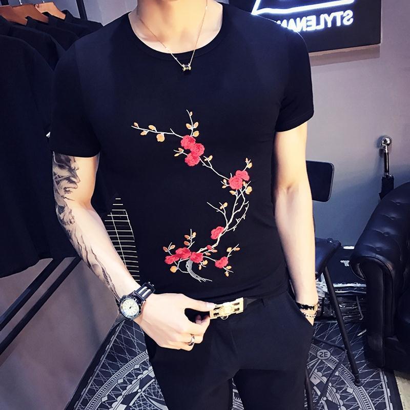 体恤半截带图案的袖男士短袖花朵刺绣梅花t恤绣花衣服半袖贴身男【3月